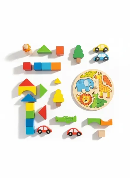צעצועים מעץ לילדים מסודרים בצורה אסתטית